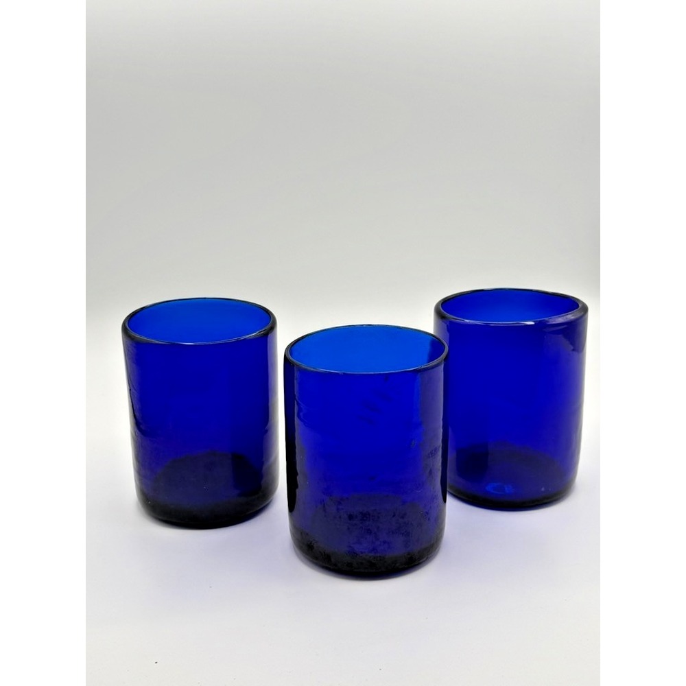 Set of 3 Cobalt Blue Hand Blown Art Glass Tumblers Drinking Glasses 4" Unmarked